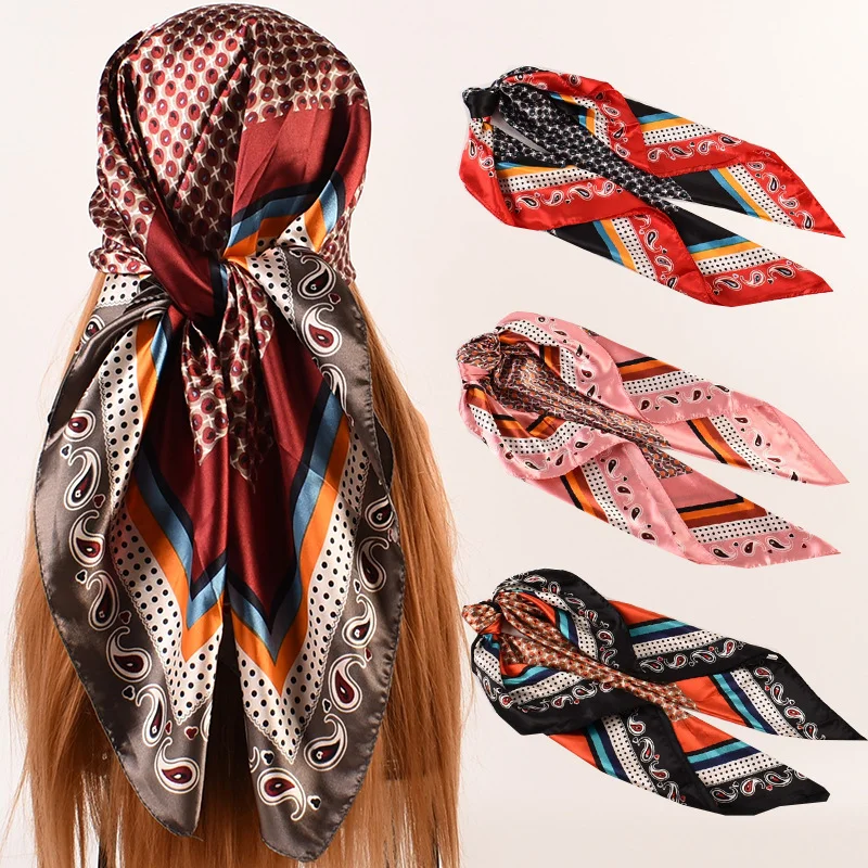 

2021 new fashion trend street wave dot small cashew 90*90 satin big square scarf silk scarf wholesale