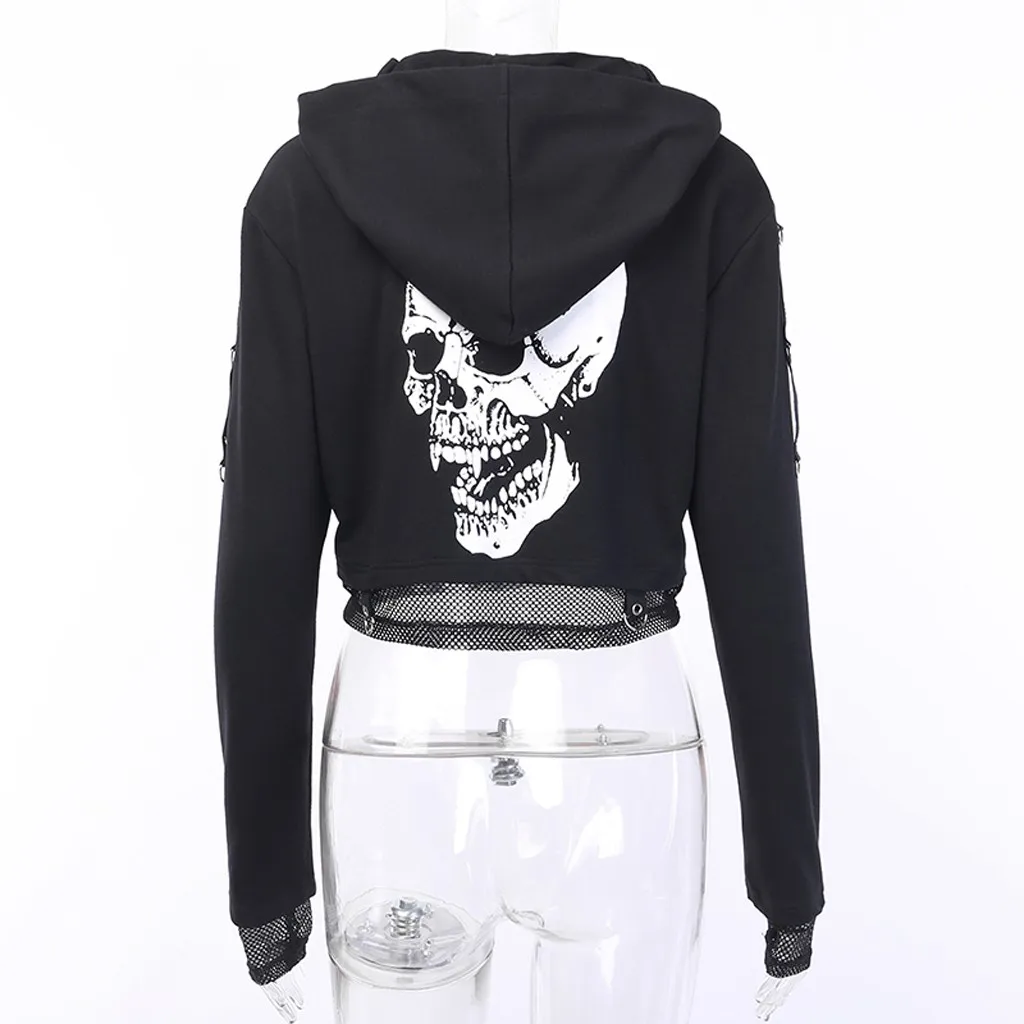 Women Sweatshirts Cropped Hoodies Gothic Skull Printed Black Loose Short Mesh Patchwork Female Streetwear Hooded #L10 | Женская одежда