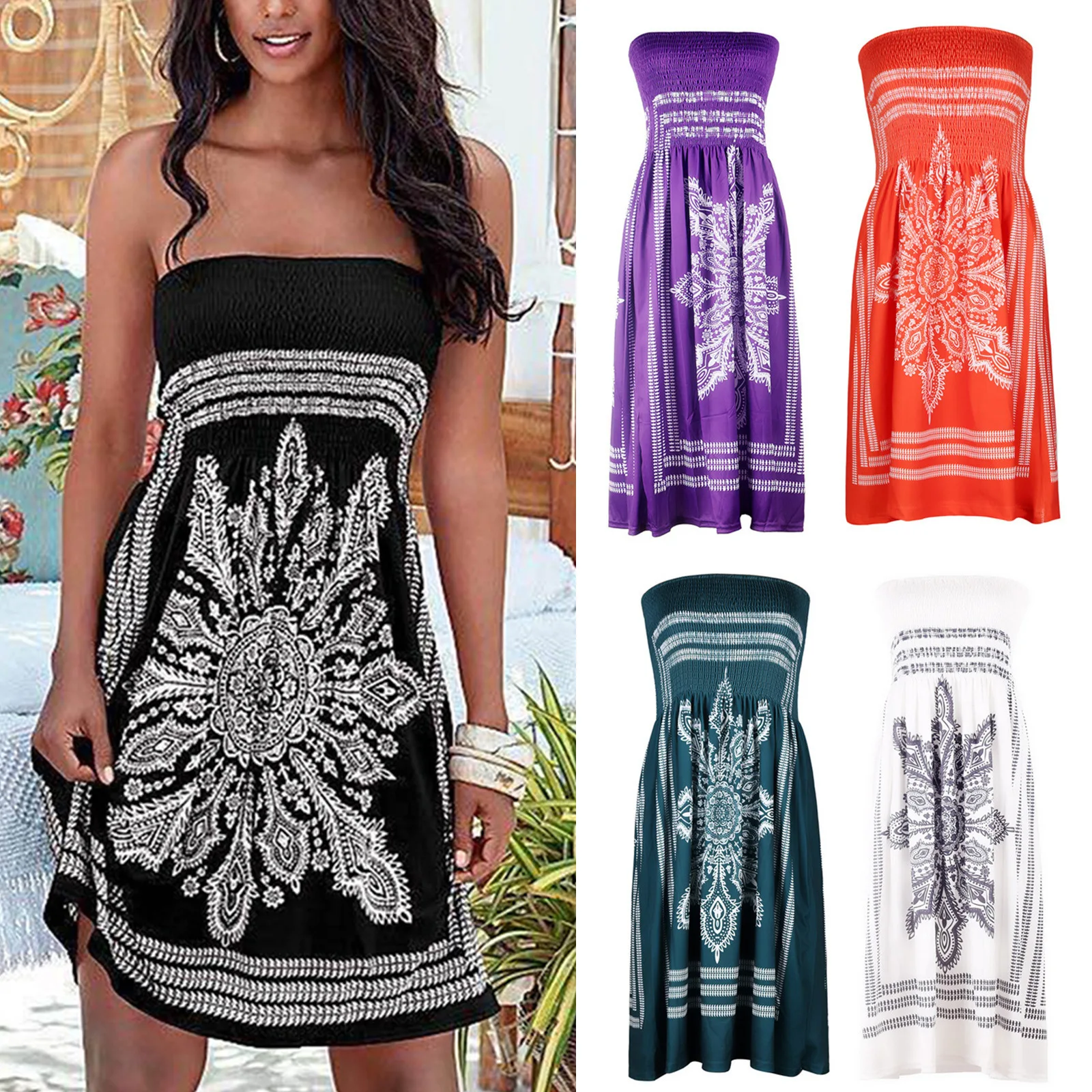 

Hot sale European and American women's dress sexy skirt word wrap chest printing Temperament commute sleeveless dress