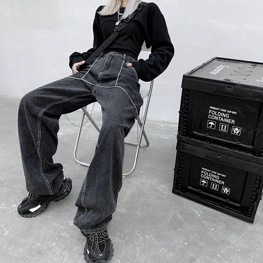 

Dark Icon Loose Denim Pants Women Street Fashion Girl Denim Pants Students Trousers