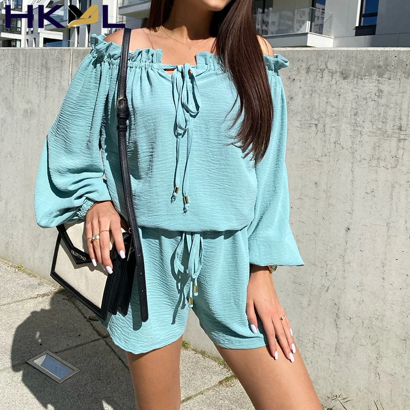 

Женский Повседневный костюм из двух предметов, летний костюм с шортами с высокой талией, топ с открытыми плечами и длинным рукавом, 2021