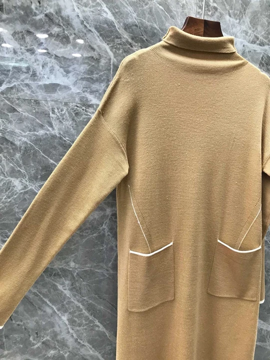 Early autumn new women's wear neck high collar symmetrical pocket decoration long sleeve solid color dress 1005