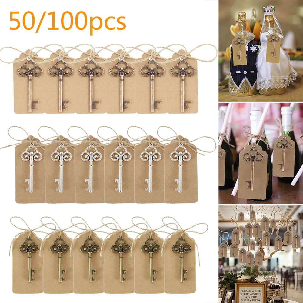 

50Pcs/Lot Antique Bronze Metal Skeleton Key Shape Bottle Opener Rustic Wedding Souvenir Decor Gift Party Favor Supplies
