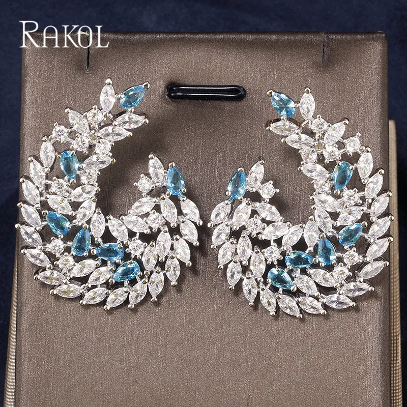 RAKOL, роскошный дизайн, голубой, желтый цвет, кубический цирконий, большие серьги-гвоздики для женщин, девушек, для свадьбы, ужина, вечерние ювелирные изделия, RE02139K