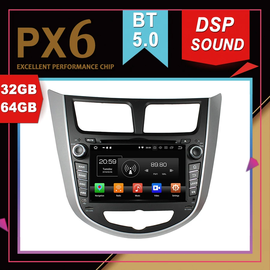 Автомобильная Мультимедийная система PX6 Android 9 0 GPS для HYUNDAI Verna Accent Solaris 2011 2012 DSP