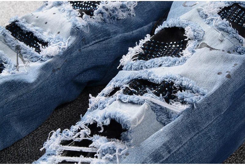 New Men's male rhinestone crystal patchwork light blue ripped jeans Slim fit skinny stretch denim pants trousers 563
