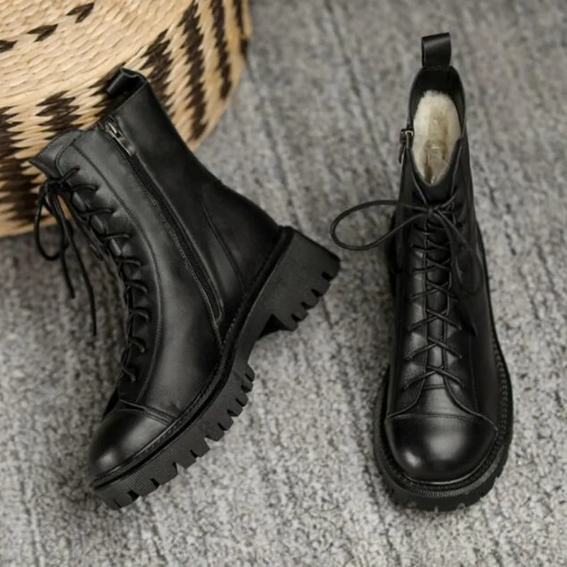 

Girseaby 2021 Russia Minus 30 Degree Winter Women Fur Warm Wool Snow Boots Round Toe Chunky Boots Zipper Lace Up Platform Shoes