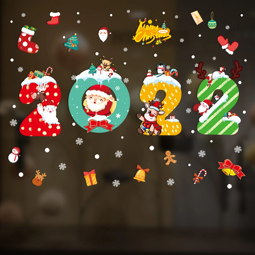 

2022 Рождественская Наклейка на стену с Новым годом, мультяшная Снежинка, наклейка на окна, Санта-Клаус