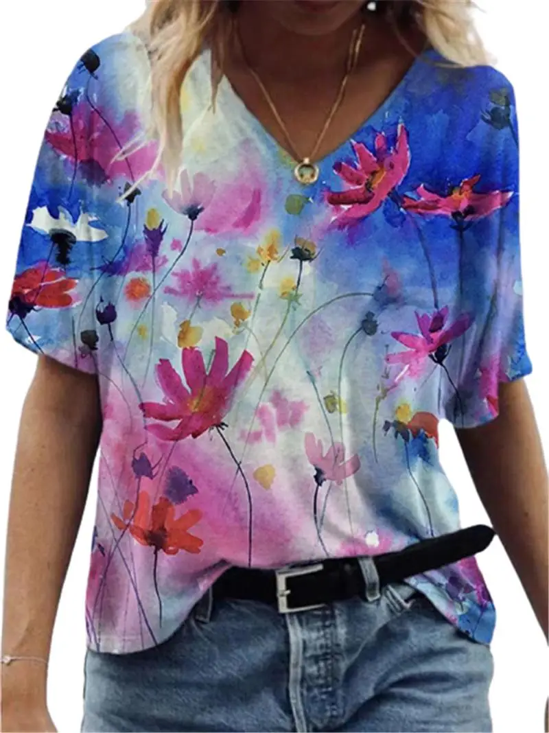 

Футболка женская с цветочным 3D принтом, Модный повседневный топ с коротким рукавом и V-образным вырезом, свободная рубашка в стиле оверсайз, ...