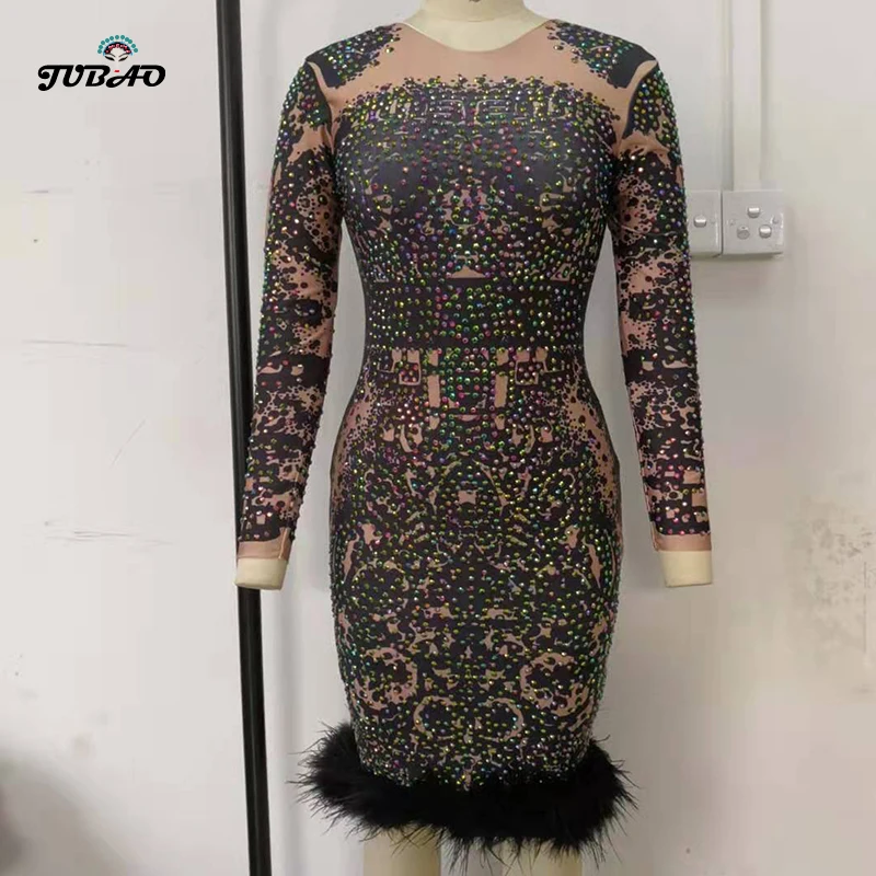 Женское вечернее платье со стразами и перьями из спандекса для вечеринки одежда