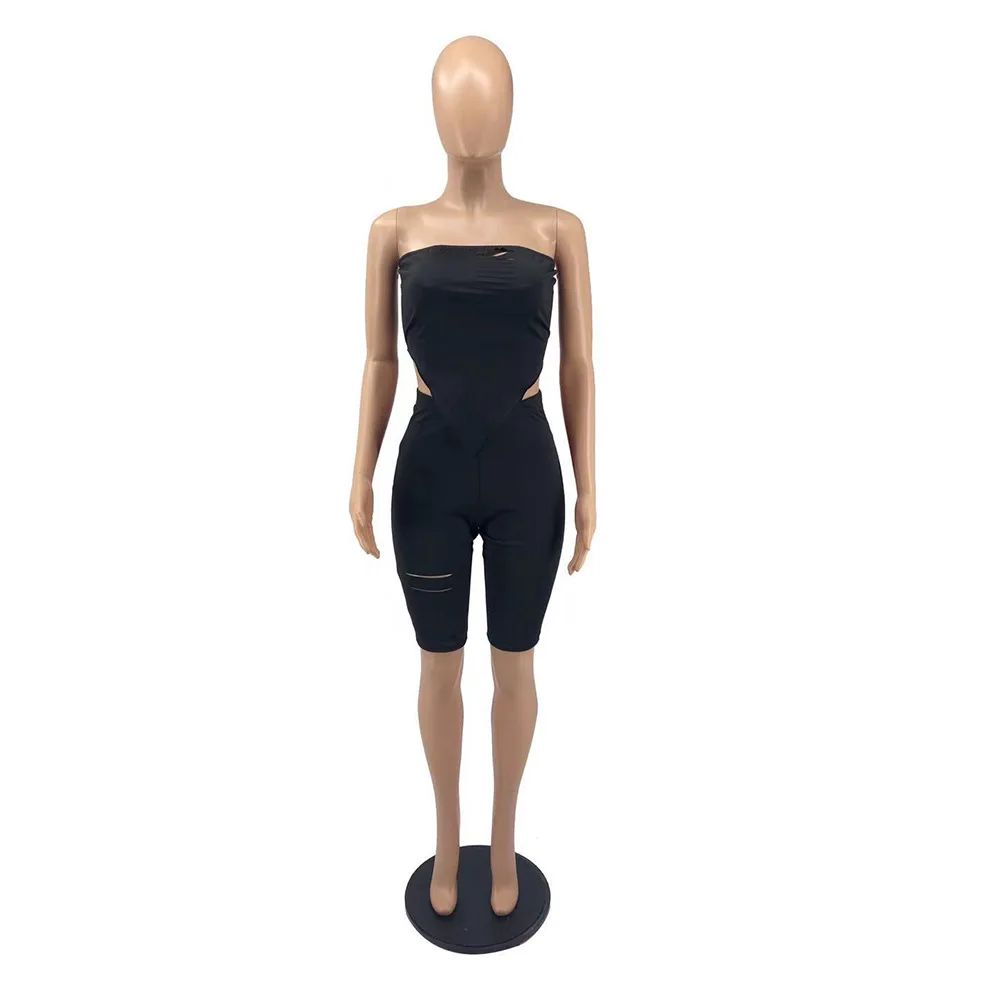 

Adogirl Sexy Cut Out Fitness Active Biker Tracksuit Solid Strapless Crop Tank Top + Knee-Length Pants Summer Clothes For Women