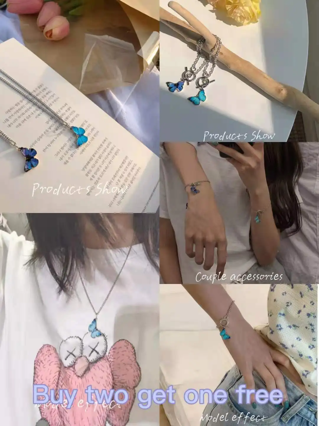 

Titanium steel necklace blue purple butterfly simple trend pendant necklace bracelet does not fade men and women jewelry gifts