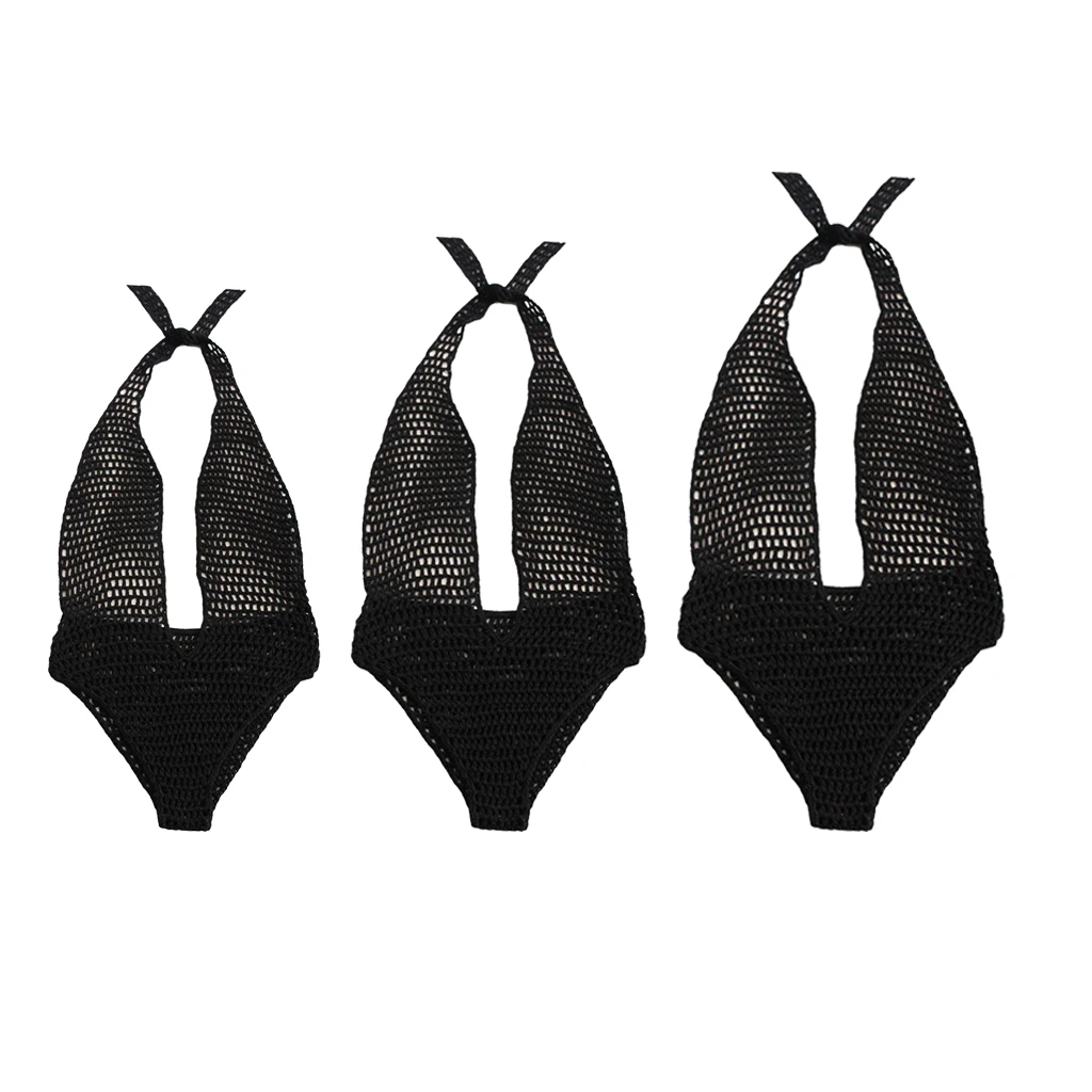 

Black Women Monokini Halter Deep V-neck Bikini Crochet Swimsuit Swimwear S-L