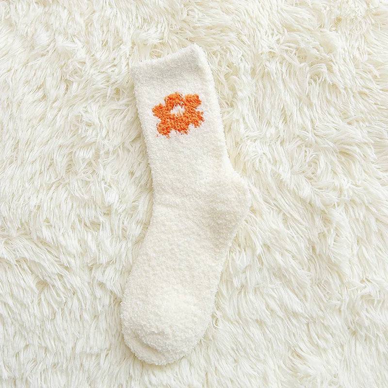 white and orange Jeseca/ г. Популярные зимние толстые теплые носки с цветочным принтом для женщин и девочек; рождественские носки-тапочки; подарок; женские теплые мягкие носки для сна - Цвет: white and orange
