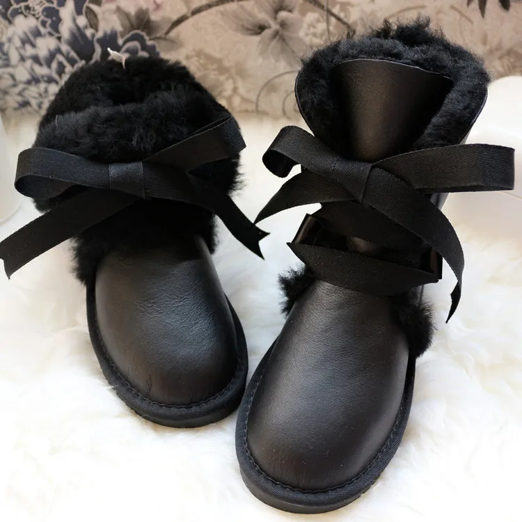 black waterproof G& Zaco/женские шерстяные ботинки; зимние ботинки из натуральной овечьей кожи; черные кожаные зимние ботинки на шнуровке; Водонепроницаемая Женская Теплая обувь на плоской подошве - Цвет: black waterproof