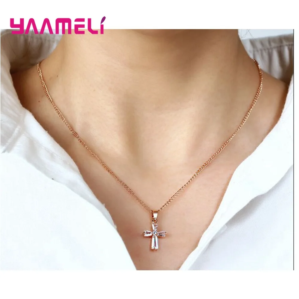

100% 925 Sterling Silver Cross Pendant Long Necklaces For Women Hot Fashion Sterling Silver Jewelry Accesory Wholesale