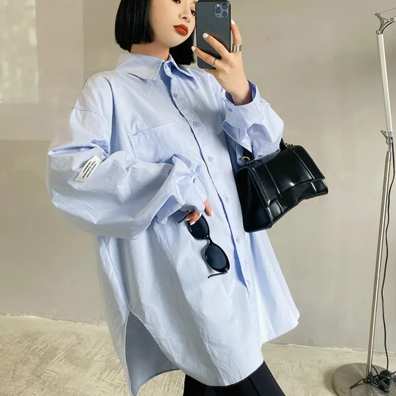 

LANMREM 2021 Spring Autumn Women Simple Shirts Loose Plus Size Blouse Long Sleeve Split Side Female Tops Korean New Tide 2A3528