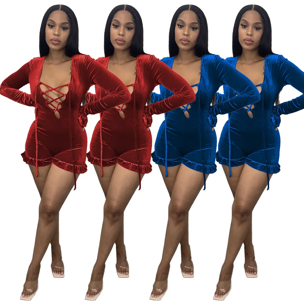 

Casual Women Jumpsuit Cross Bandage Hollow Out Full Sleeve Party Night Clubwear Autumn Dresses For Women Outfit