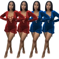 casual women jumpsuit cross bandage hollow out full sleeve party night clubwear autumn dresses for women outfit