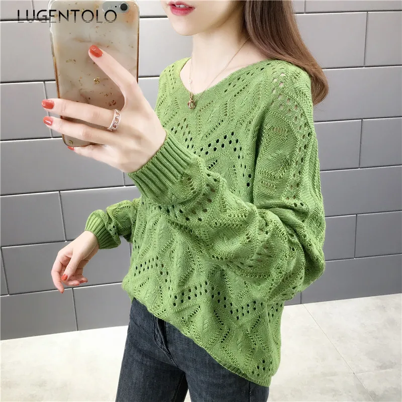 

Sweater Women Knitted Spring New Hollow V-neck Long Sleeve Loose Pullovers Solid Casual Fashion Sweaters Lugentolo