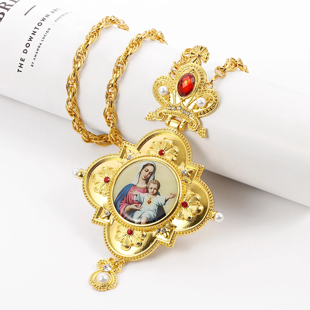 Virgin Mary Jesus Pectoral Cross Orthodox Crucifix Long Pendants Gold Religious Pastor Prayer Jewelry |