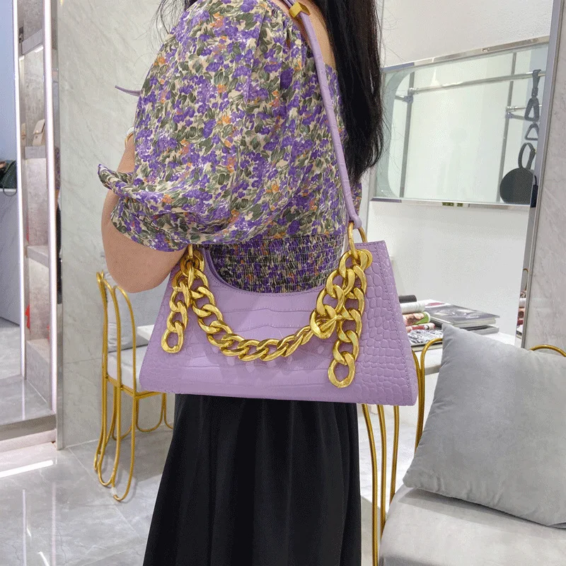 

Luxury Brand Crocodile Pattern Shoulder Bags New Fashion Leather Handbag For Women Thick Chain Crossbody Bag Female Baguette Bag