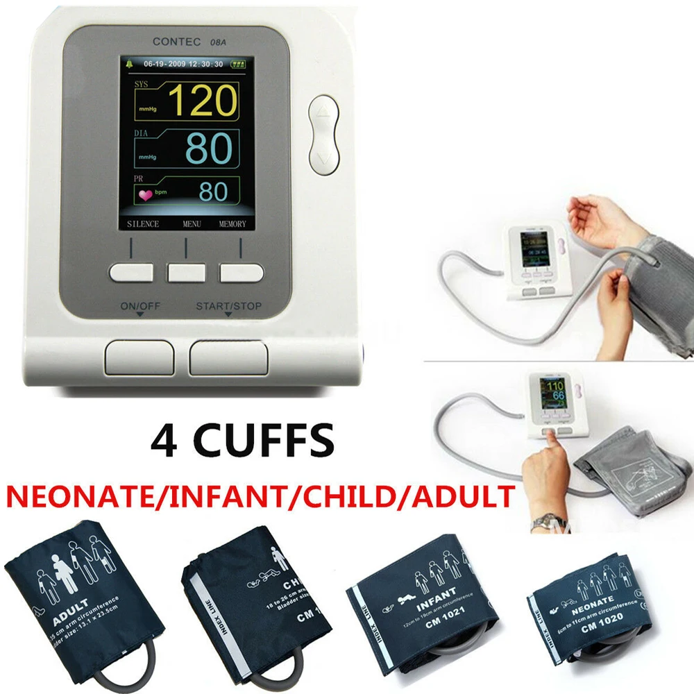 

Лидер продаж, цифровой монитор артериального давления CONTEC CONTEC08A, 4 манжеты + Датчик SPO2, USB-программное обеспечение