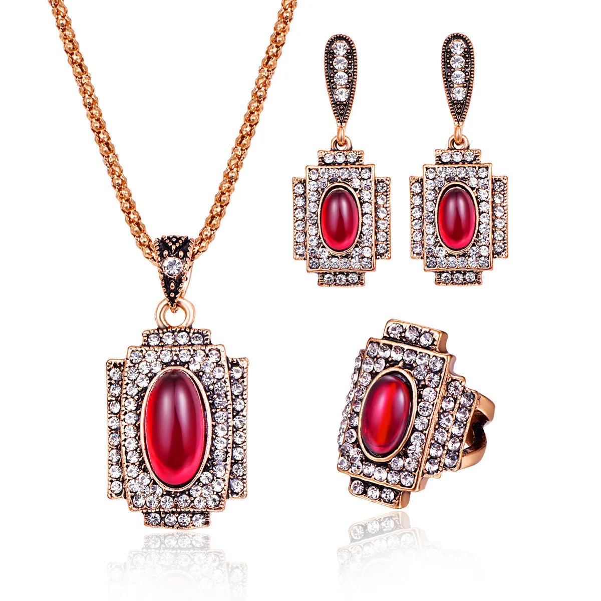 

Модный набор ювелирных украшений DSHOU190 с красным кристаллом из циркона из трех частей колье ожерелье серьги комплект ювелирных изделий