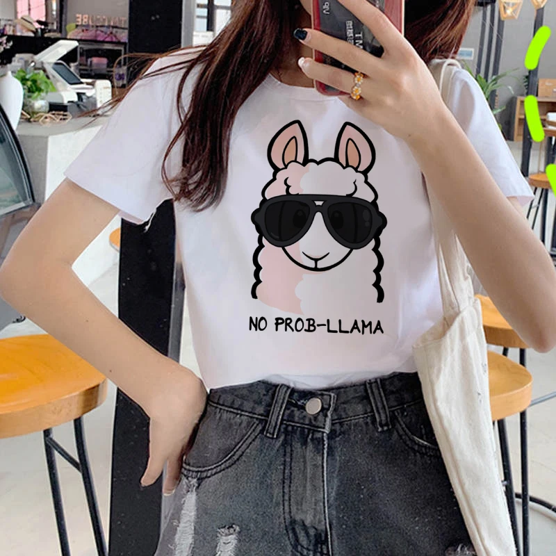 

2021 Women Tshirts Lovely Alpaca Print Cute Aesthetic Tee Short-Sleeved Summer Ladies Top T-Shirt White Women T-Shirt Harajuku
