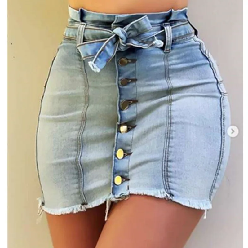 

Women Blue Skinny Denim Skirt Casual High Waist Denim Skirts Summer High Street Pockets Button All-matched Jeans Skirt