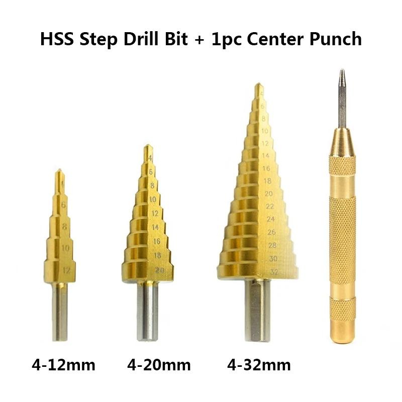 4pcs Drill Bit Set Метрические спиральные флейта пагода Форма дыра резак 4-12/20/32mm HSS Сталь конус сверла по металлу комплект ступенчатая Буровая головка бура с Кернер древесины фрезы - Цвет: 4pcs Drill Bit Set