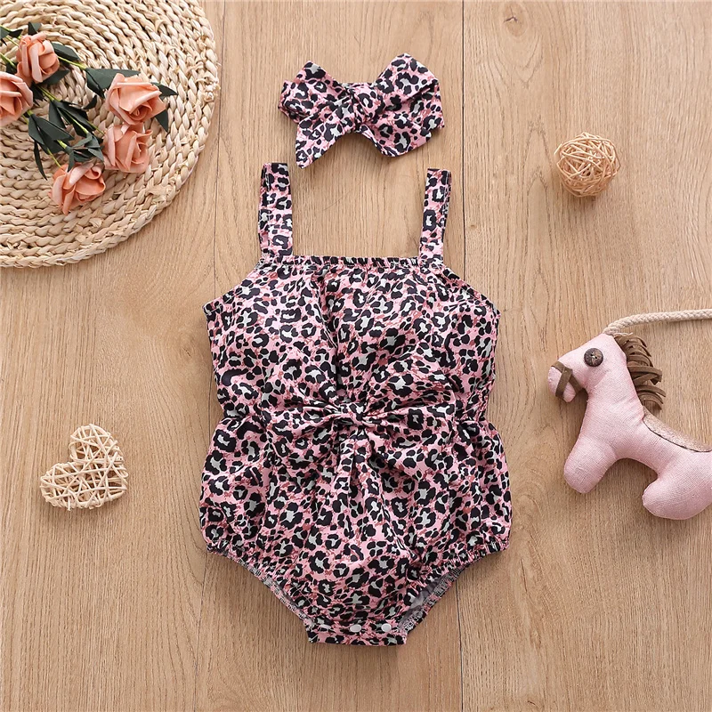 

2pcs Baby Girls Leopard Print Clothes Sets,Newborn Girl Breathable Sleeveless Square Collar Bowknot Romper + Headband,0-18Months
