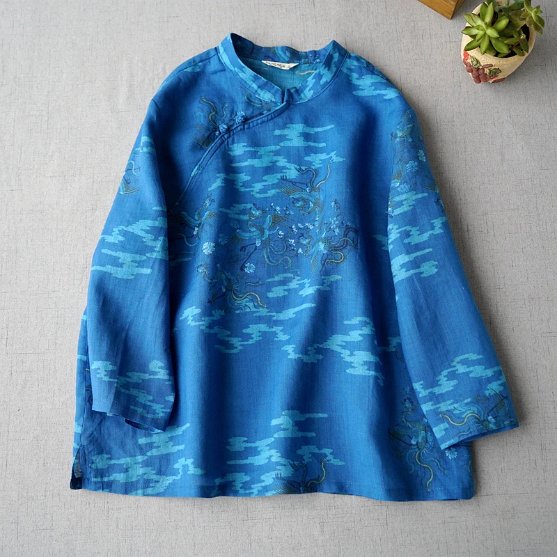 

Spring Summer New Women Loose Chinese Style Buttons Slant Opening Print Comfortable Water Washed Thin Ramie Tops Shirts/Blouses