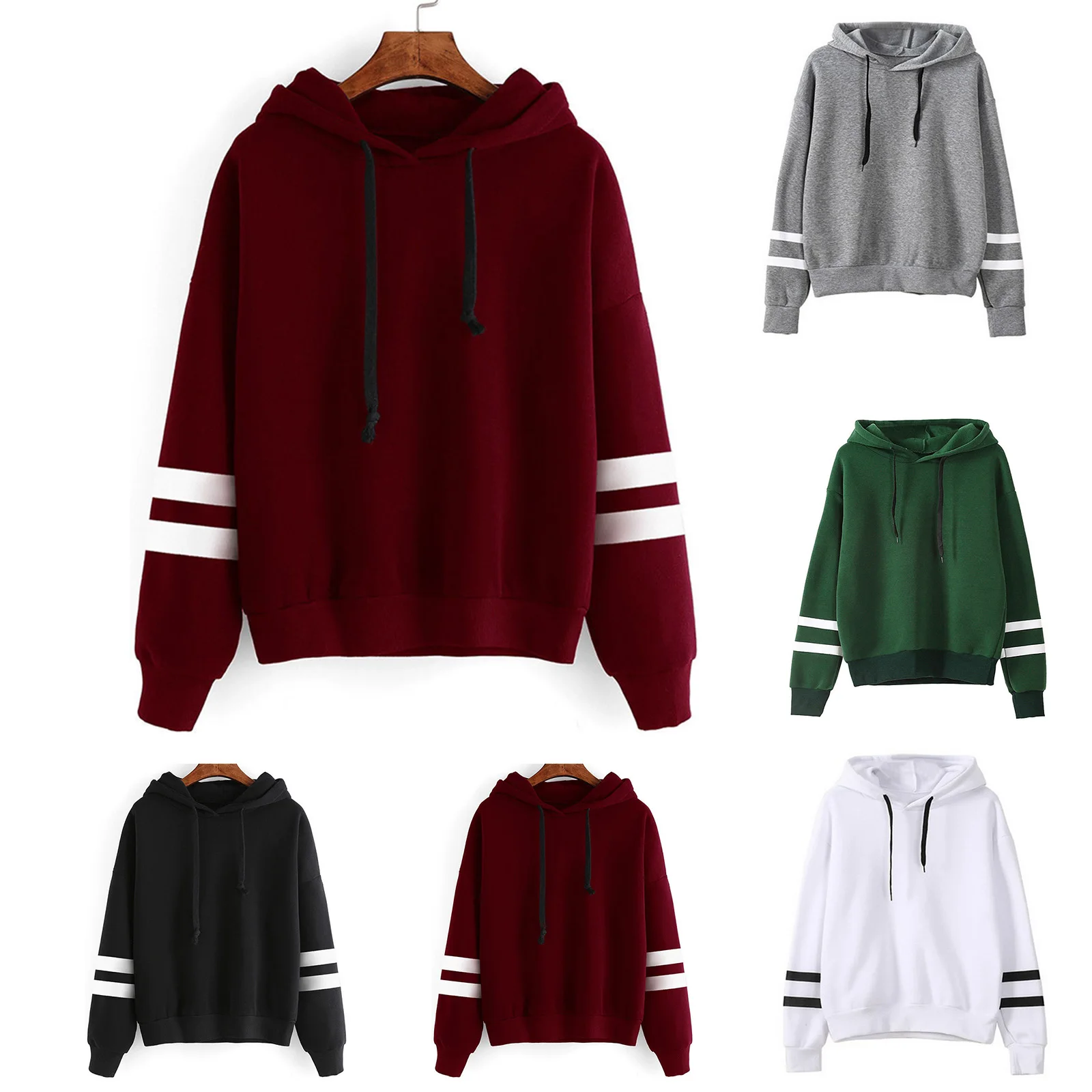 

Spring Hooded Womens Fashion Causal Long Sleeve Hoodies Sweatshirts Autumn Striped Printed Drawstring Pullover Tops