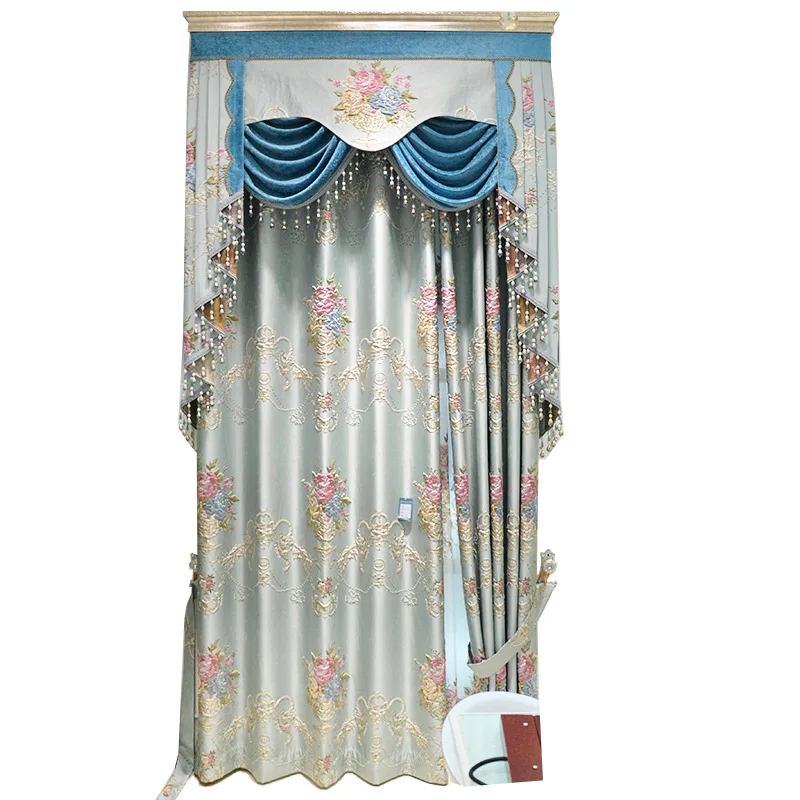 

Custom European-Style Light Luxury curtains for Living Room Bedroom Blue Relief Curtain Left and Right Biparting Open