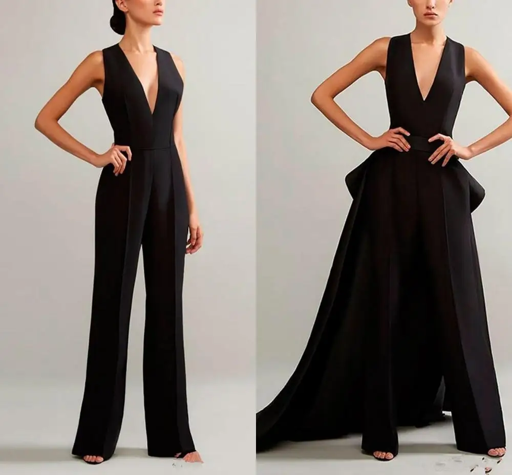 

2020 Black Evening Jumpsuits With Detachable Skirt V Neck Prom Gowns ruffles peplum Cheap Plus Women Formal Pant suit