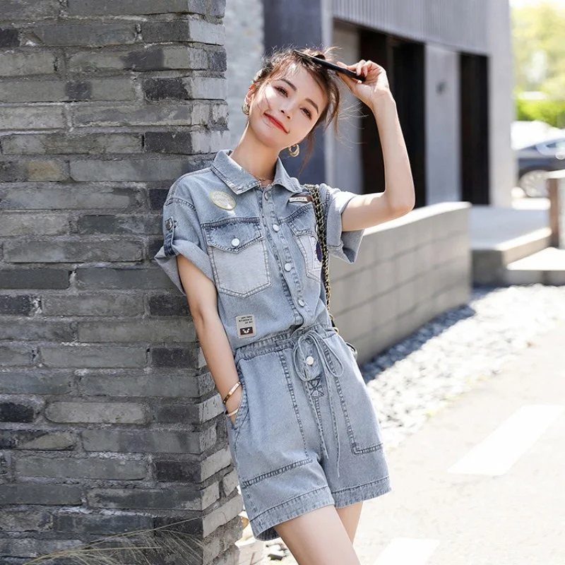 Short Fashion Jean Jumpsuit Women Rompers Summer Sweet Short Sleeve Denim Overalls Multi-Pockets Single Breasted Casual Shorts