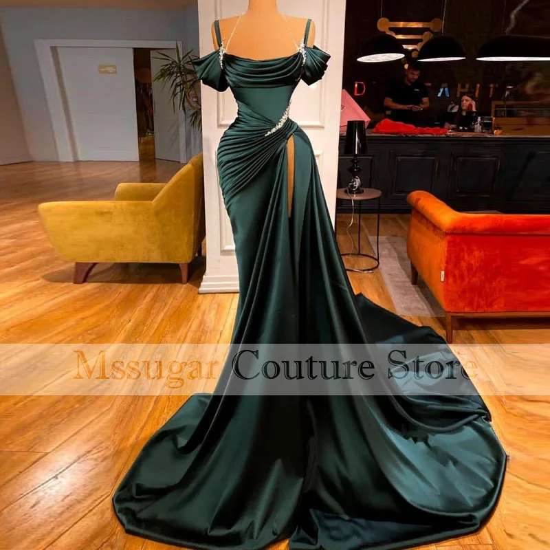 

Женское атласное платье-Русалка, элегантное зеленое платье для выпускного вечера с бисером, плиссированное платье с высоким разрезом, 2021