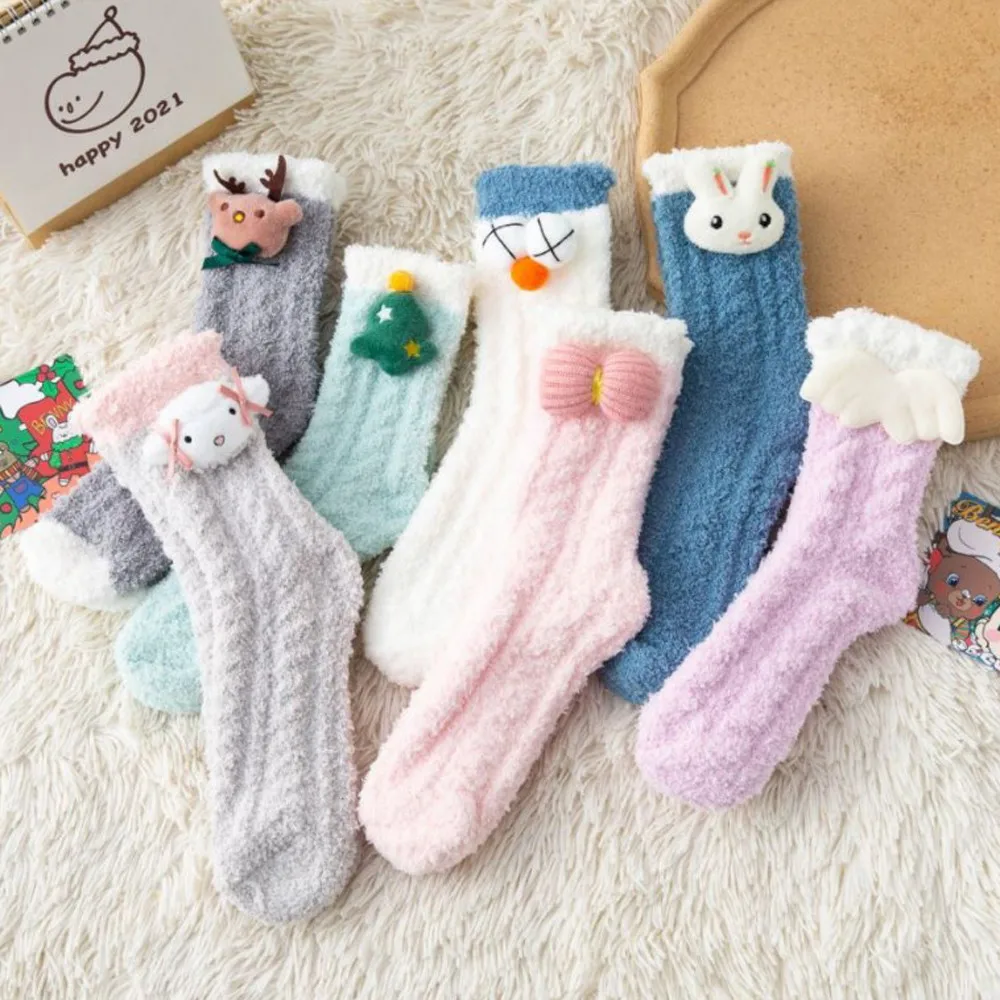 

Женские хлопковые утепленные кашемировые Симпатичные носки с 3D мультяшными животными пушистые теплые дышащие повседневные женские носки ...