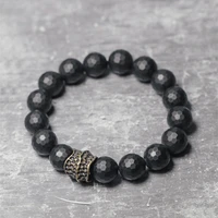 12mm facet matte black agate bracelet big beads handcrafted antique brass charm metal punk men jewelry elastic stretch wrist