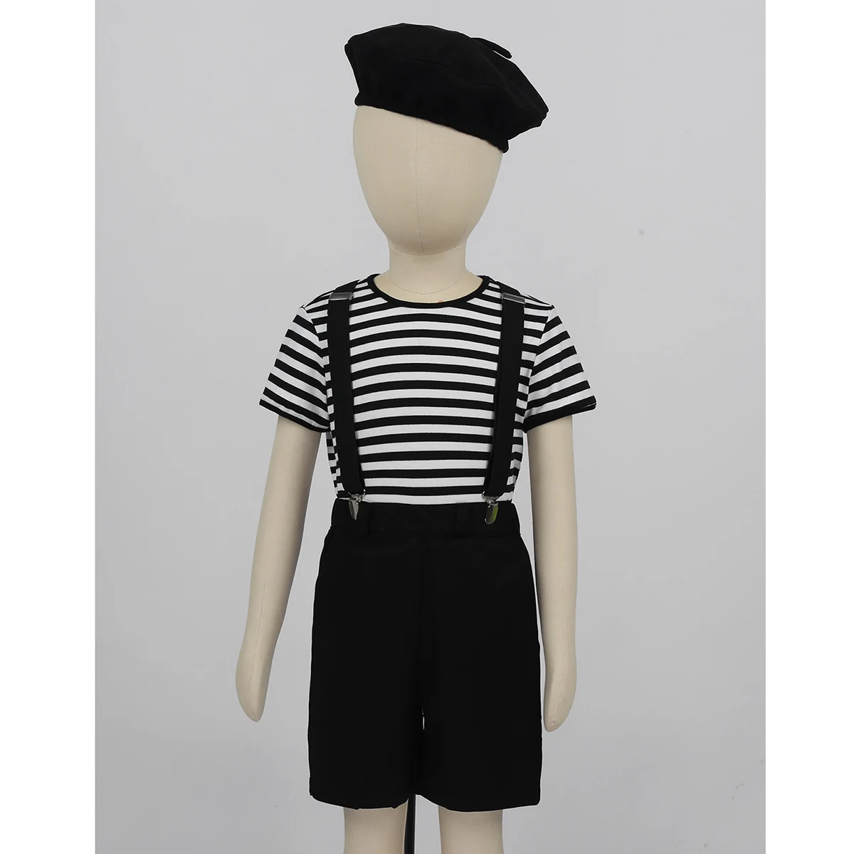Kid Boys Girls French Mime Artist Fancy Dress Costume Unisex Striped T-Shirt Beret Gloves Suspenders Halloween Cosplay Outfit |