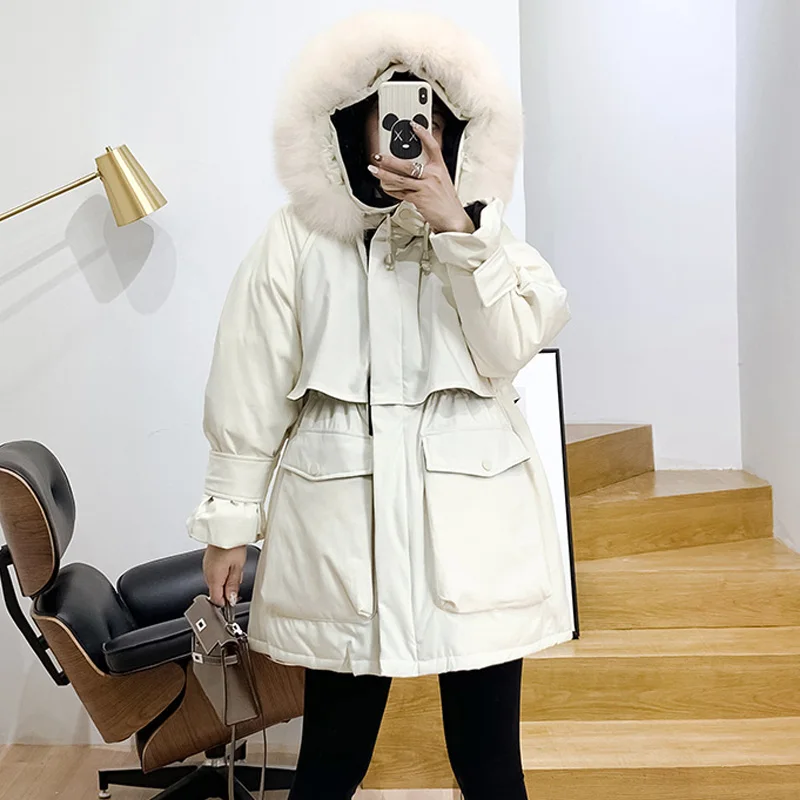 Женский пуховик с воротником из натурального Лисьего меха свободная парка