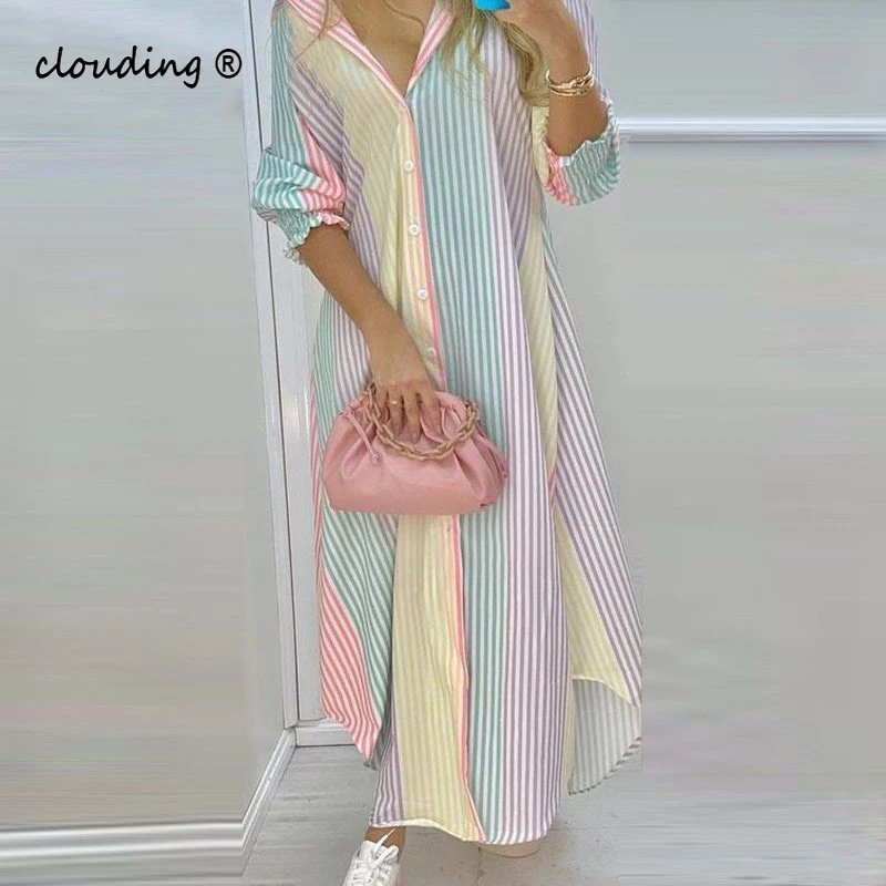

Women's Long-Sleeved Single-Breasted Lapel Shirt Dress Autumn Fashion Loose Dress Casual Temperament Vacation Long Skirt