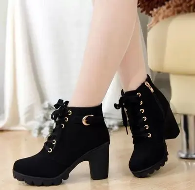 

okkdey Autumn and winter 2020 new high-heeled foreign trade women's boots cross-lace short boots thick-heeled Martin boots