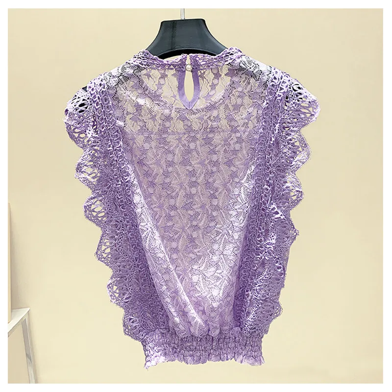Женская кружевная блузка MUMUZI белая приталенная сетчатая рубашка без рукавов
