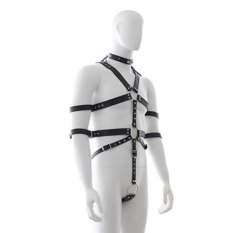 

Male Sexy Lingerie Fetish Bondage Restraint PVC Leather Harness Men Clubwear with Collar Cock Ring Bodysuit Erotic Costumes