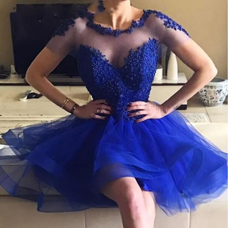 

New Arrivals Sheer Lace Scoop Homecoming Dresses Royal Blue Appliques Beaded A-line Cocktail Dress Prom Party Gowns Plus Size