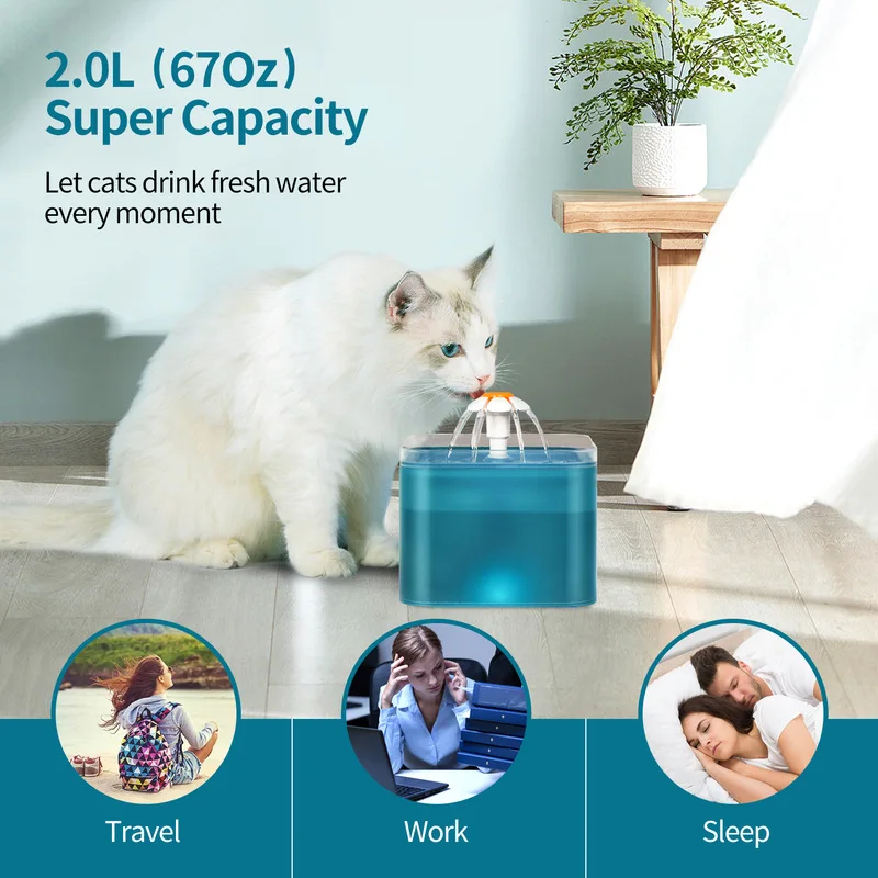 

Automatic Pet Water Fountain 2L Cat Water Dispenser USB Mute Transparent Drinker Dog Drinking Feeder Bowl with LED Level Display