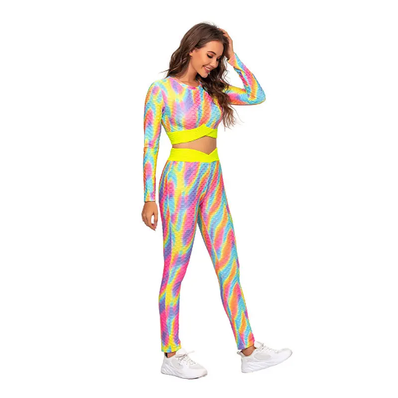 

2020 new arrival long sleeve color tie-dye printing yoga two-piece set
