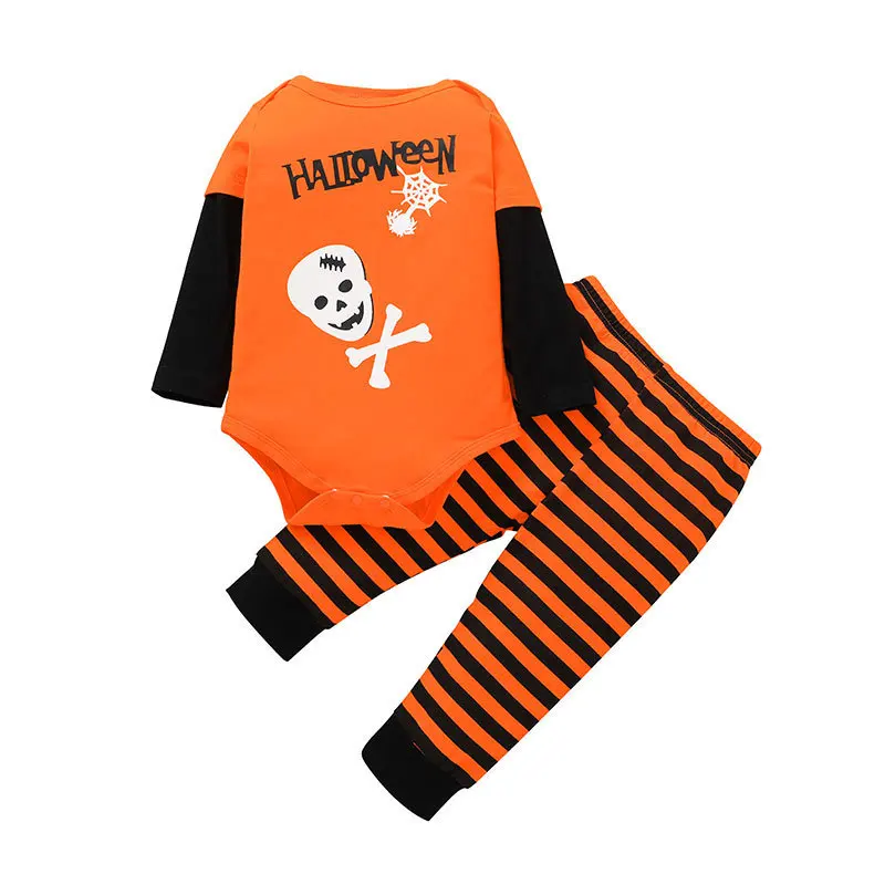 

2021 New Infant Toldder Baby Halloween Clothes Set Letter Print Tops Striped Pants Festival Costume Baby Boys Girls Outfit 3-24M
